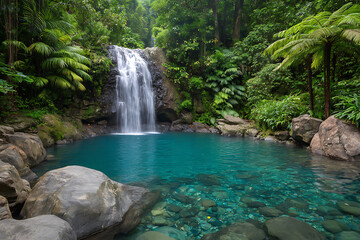 Naklejka premium Serene Waterfall Cascading into Turquoise Pool Lush Tropical Rainforest 1