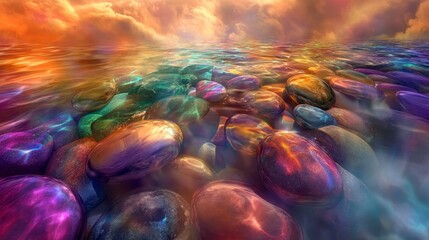 Vibrant Colorful Pebbles Under Artistic Sunset Sky Reflection