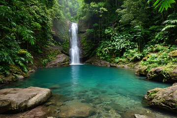 Naklejka premium Serene Waterfall Cascading into Turquoise Pool Lush Tropical Rainforest