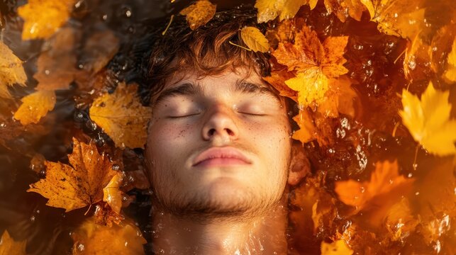 A tranquil portrait of a young man submerged in water, surrounded by vibrant autumn leaves, capturing the essence of peaceful reflection and nature's beauty.