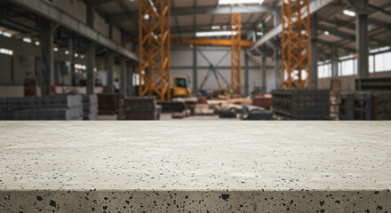 A concrete surface in the foreground with a blurry factory interior and machinery in the background