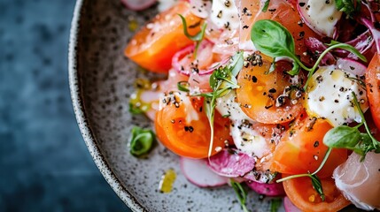A visually appealing bowl of salad featuring colorful vegetables, including tomatoes and radishes, garnished with fresh herbs and drizzled with creamy dressing for wellness.