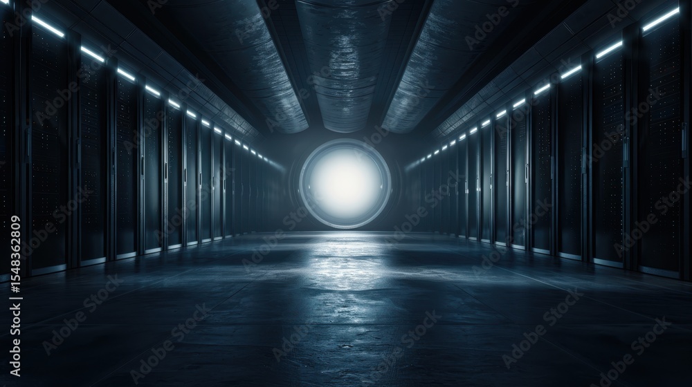 Poster a modern server room featuring a brilliant circular portal that emits light, creating a striking con