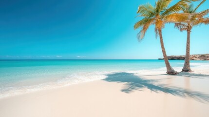 Obraz premium This image showcases a serene tropical beach with palm trees and crystal clear turquoise water, embodying peace, relaxation, and the beauty of nature's pristine landscapes.