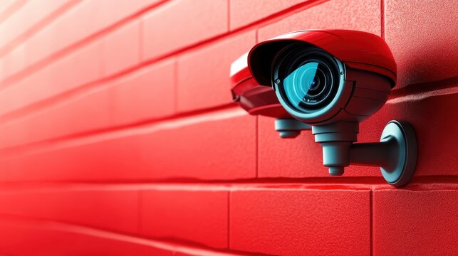 A striking red surveillance camera installed on a textured brick wall, symbolizing security and vigilance in modern society, showcasing the importance of safety measures.