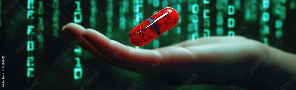Poster a hand holding a red pill over a matrix of binary code