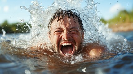 A cheerful man splashes water joyfully while swimming, his laughter and excitement captured in a vibrant outdoor setting filled with sunshine and adventure.