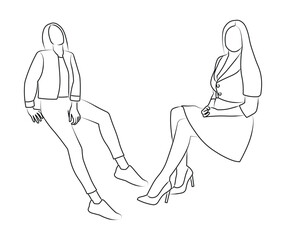 Girls models pose at photo shoot sitting, sketch of beautiful female bodies
