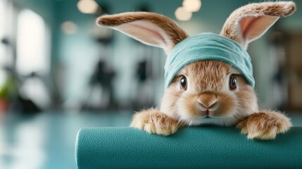 An adorable bunny wearing a turquoise headband appears ready to engage in fitness activities, bringing a sense of fun and motivation to gym enthusiasts.