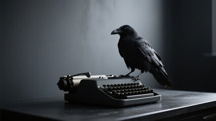 A dark gothic composition featuring a raven perched atop an antique typewriter, embodying themes of literature, mystery, and classic writing, set against a deep, moody background .