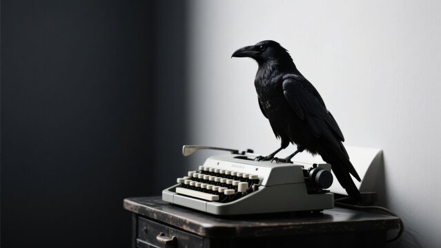 A majestic black raven perches on an old vintage typewriter, against a contrasting backdrop of dark and light walls, creating a unique literary atmosphere .