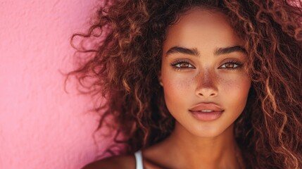 Naklejka premium A striking portrait of a young woman with voluminous curly hair and glowing skin, her captivating gaze draws you in, set against a bright and cheerful pink background.