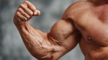 A close-up view of a well-defined bicep flexing, emphasizing the muscle tone and vascularity. The strong arm reflects dedication to fitness and strength training.