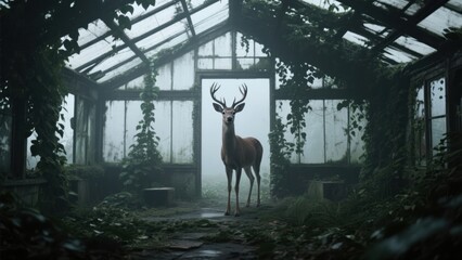 Solitary deer standing in the doorway of an abandoned, overgrown greenhouse, with vines cascading down the glass and a misty atmosphere creating a surreal, post-apocalyptic scene .
