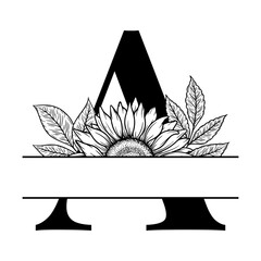 Sunflower split monogram design, alphabet letter A decorated with floral illustration. Perfect for personalized gifts, farmhouse decor, wedding initials, laser cut file, family sign, and DIY crafts.