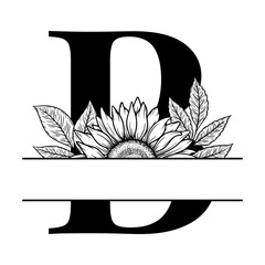 Sunflower split monogram design, alphabet letter B decorated with floral illustration. Perfect for personalized gifts, farmhouse decor, wedding initials, laser cut file, family sign, and DIY crafts.