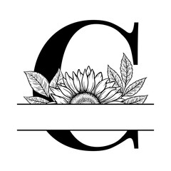Sunflower split monogram design, alphabet letter C decorated with floral illustration. Perfect for personalized gifts, farmhouse decor, wedding initials, laser cut file, family sign, and DIY crafts.