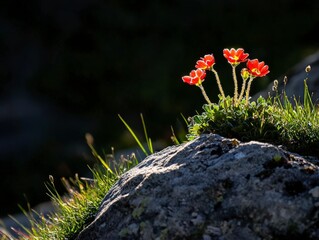 Obraz premium Vibrant Red Flowers Blooming on Rocky Terrain in Soft Light
