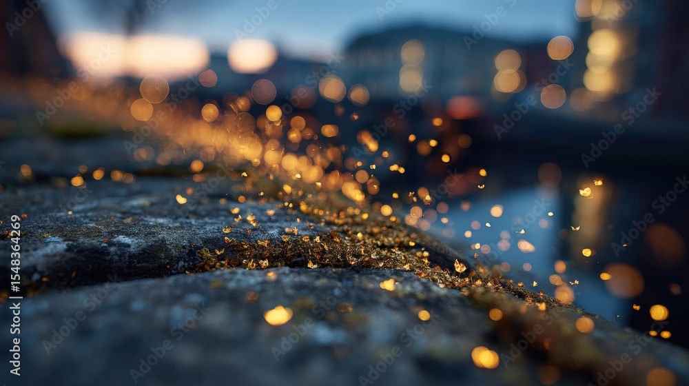 Poster at twilight, delicate golden particles swirl and shimmer on weathered cobblestones by a calm canal i
