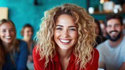 Fototapeta premium A charming woman radiates joy and warmth while smiling in a colorful café, capturing the essence of connection, friendship, and the joy of shared moments in a modern ambiance.