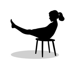 Girl with a ponytail sits on a stool, legs raised up, sports gymnastics bar, black silhouette of a person