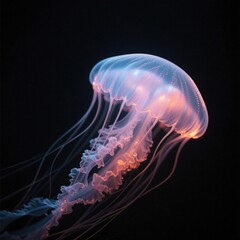 Obraz premium Glowing jellyfish in the dark waters with long flowing tentacles creates a mesmerizing underwater spectacle in soft pink and blue hues, evoking ethereal beauty .