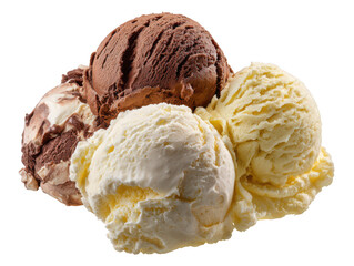 Four scoops of creamy ice cream, a delightful mix of vanilla, chocolate, and marbled flavors on a white background