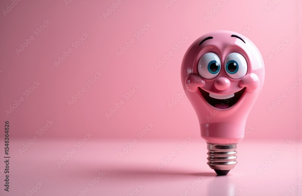 Poster playful lightbulb character with a smiling face on a pink background