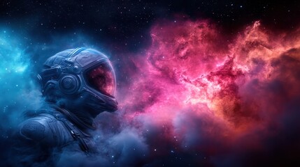 A stunning depiction of an astronaut gazing into a cosmic nebula filled with vibrant colors and swirling patterns, evoking a sense of wonder and exploration in space.