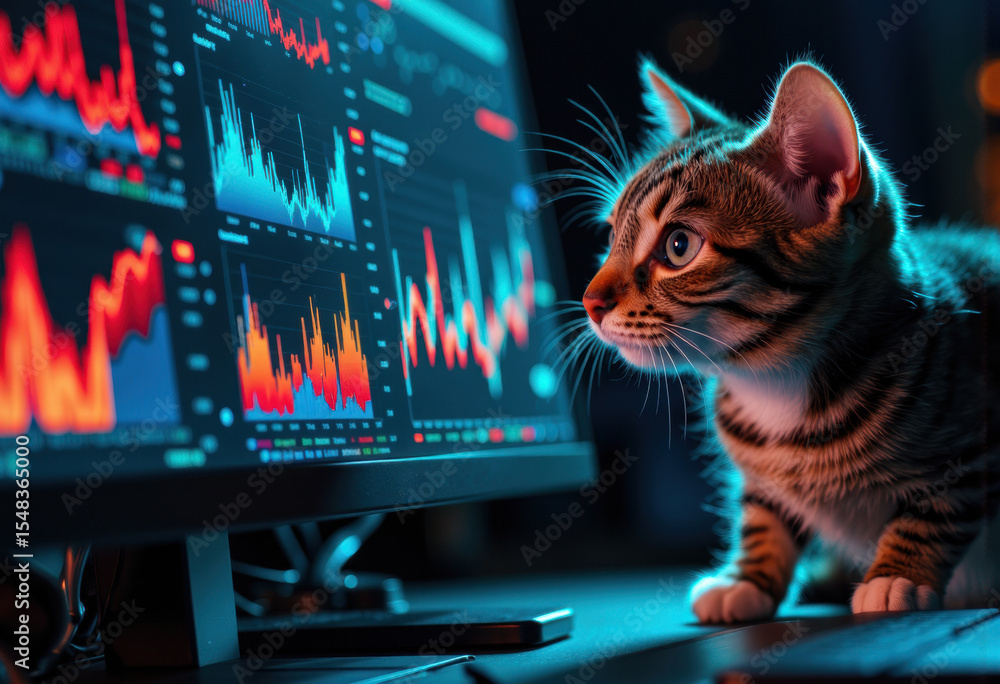 Poster a curious cat observing colorful data charts on a computer screen
