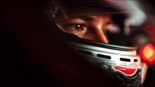 Intense race car driver concentrating inside helmet, surrounded by blurred red starting lights, embodying high stakes motorsport preparation and professional competitive spirit