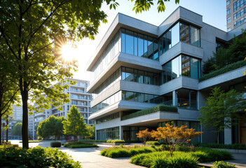 Fototapeta premium Modern multi-story office building with glass facades surrounded by greenery and trees