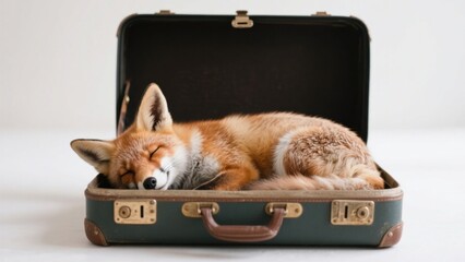 A charming red fox resting peacefully inside a vintage suitcase, creating a whimsical and heartwarming scene .