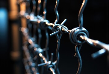Close-up of intertwined metal wires forming a chain link fence with a dark background