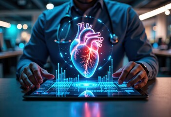 Medical technology concept with a digital heart hologram displayed on a tablet screen