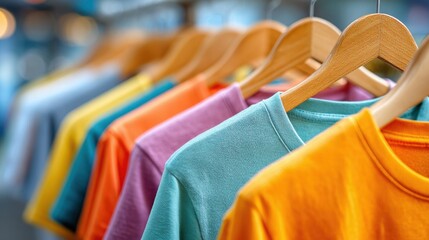 A variety of t-shirts in bright colors are neatly hung on wooden hangers at an outdoor market. The vibrant display attracts shoppers looking for casual wear on a sunny day.