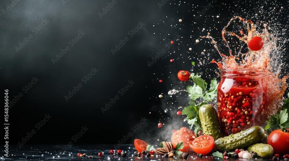 Poster a dynamic display of tomatoes and pickles splashing out of a jar against a dark background, embodyin