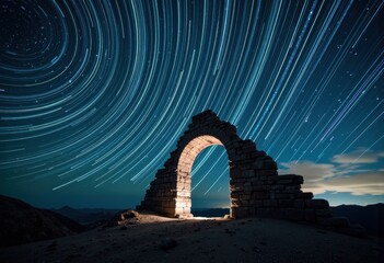 Ancient stone arch ruins under starry night sky with streaks of stars and clouds
