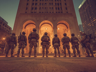 Armed Soldiers Standing Guard Outside Government Building at Dusk – Military Formation, Urban Security, and Tactical Operation 