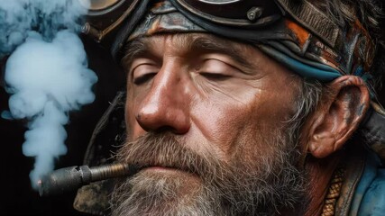 Close-up portrait of a weathered man in protective gear, with deep expression and gritty textures of labor and resilience - Powered by Adobe