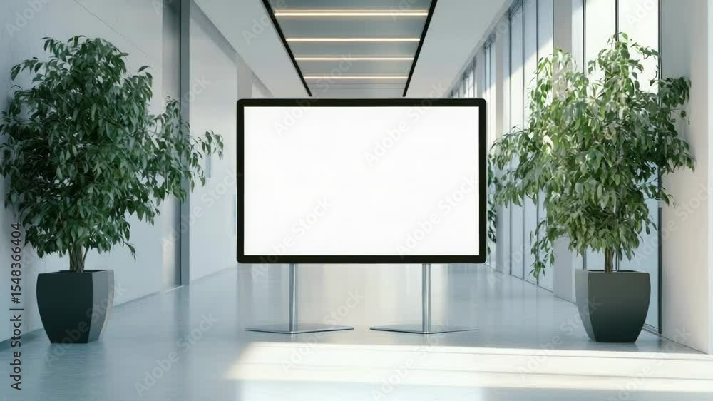 Poster a large screen sits alone in an empty room surrounded by potted plants