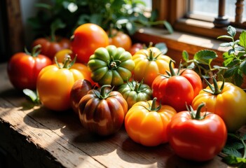 Colorful heirloom tomatoes arranged on a rustic wooden surface near a window