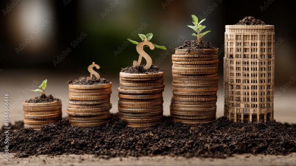 Poster stacks of coins form a graph-like structure with small plants emerging from the top, representing gr