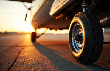 Close-up of an airplane wheel on the runway during sunset, highlighting aircraft landing gear and tire details