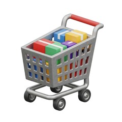 Shopping Cart Full of Colorful Gift Boxes on White Background