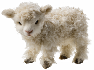 A charming fluffy lamb stands gracefully on a white background, showcasing its soft wool and innocent demeanor