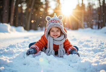 Fototapeta premium Happy child playing in the snow during a sunny winter day