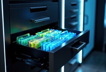 Colorful computer memory modules installed in a server or data center rack