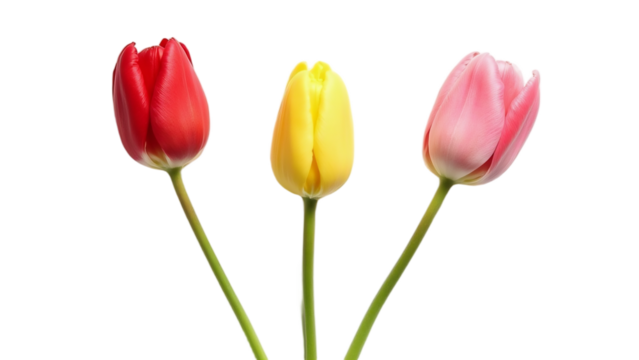 Colorful tulips diagonal layout – isolated on transparent background