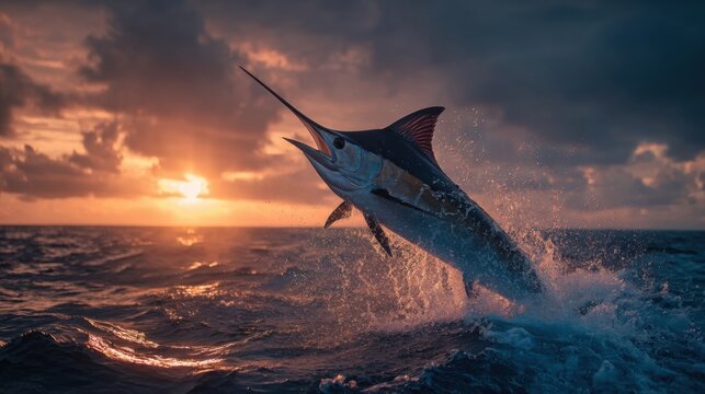 A swordfish makes a stunning leap out of the water as the sun sets on the horizon. The vibrant colors of the sky reflect on the ocean, creating a breathtaking view during a fishing trip.